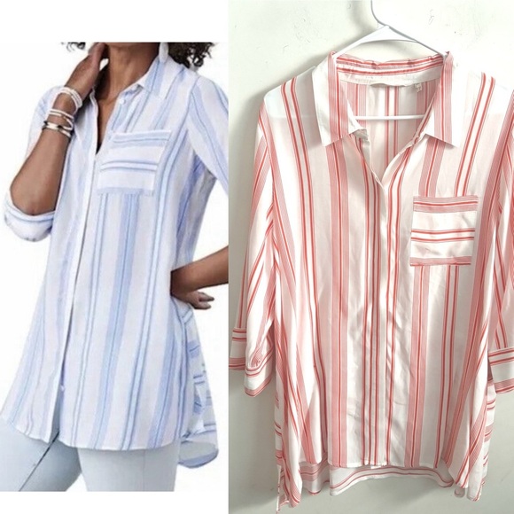 Soft Surroundings petite button up tunic Red White Ladson Shirt Stripe Size PXL - Picture 1 of 8